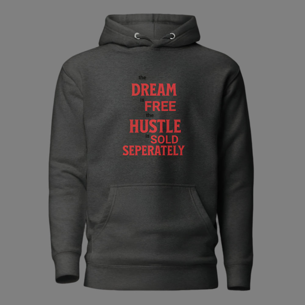 Dark gray hoodie with red text on a white background
